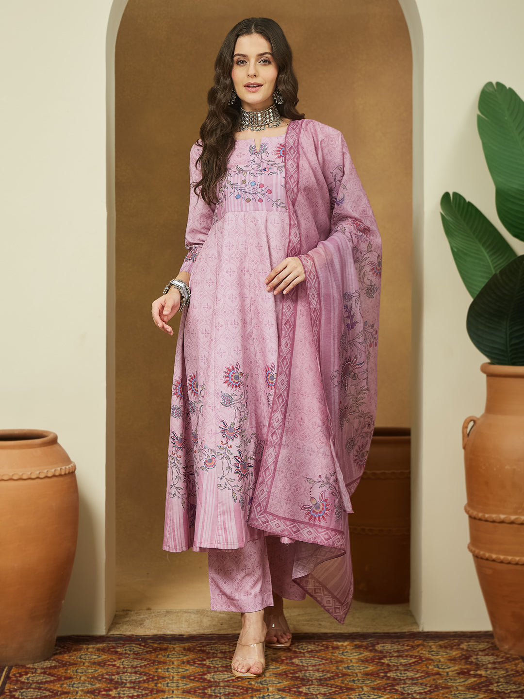 Women's Lavender Cotton Blend Floral Printed Anarkali Kurta Set