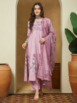 Women's Lavender Cotton Blend Floral Printed Anarkali Kurta Set