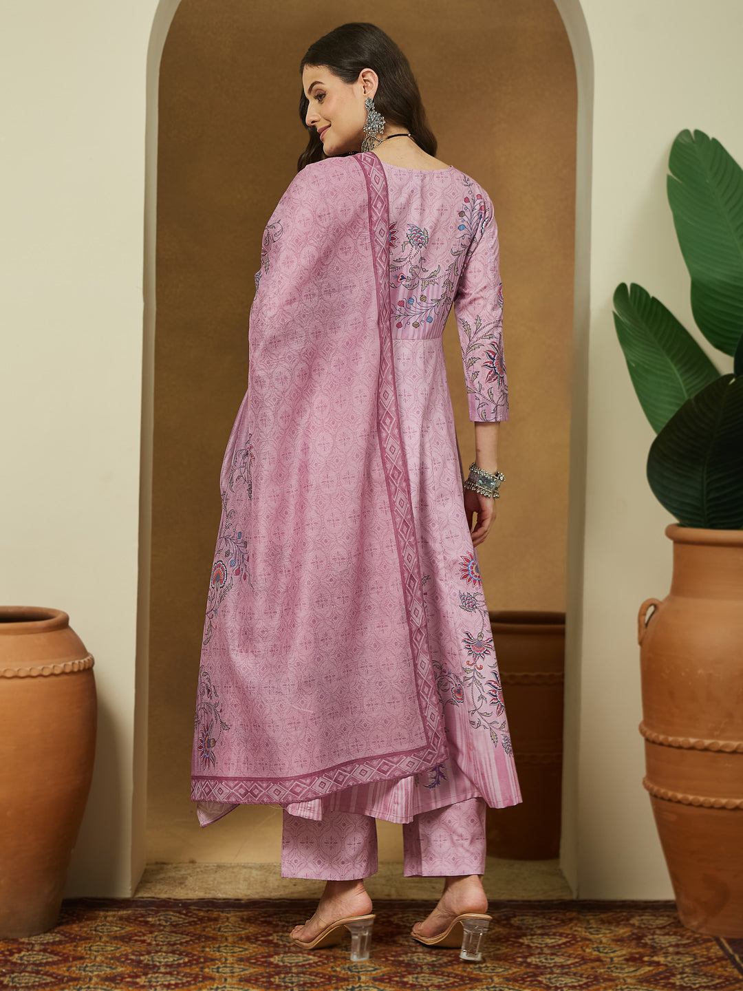Women's Lavender Cotton Blend Floral Printed Anarkali Kurta Set
