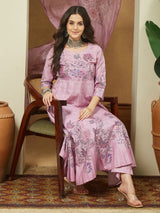 Women's Lavender Cotton Blend Floral Printed Anarkali Kurta Set