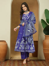 Women's Purple Cotton Blend Floral Printed Anarkali Kurta Set