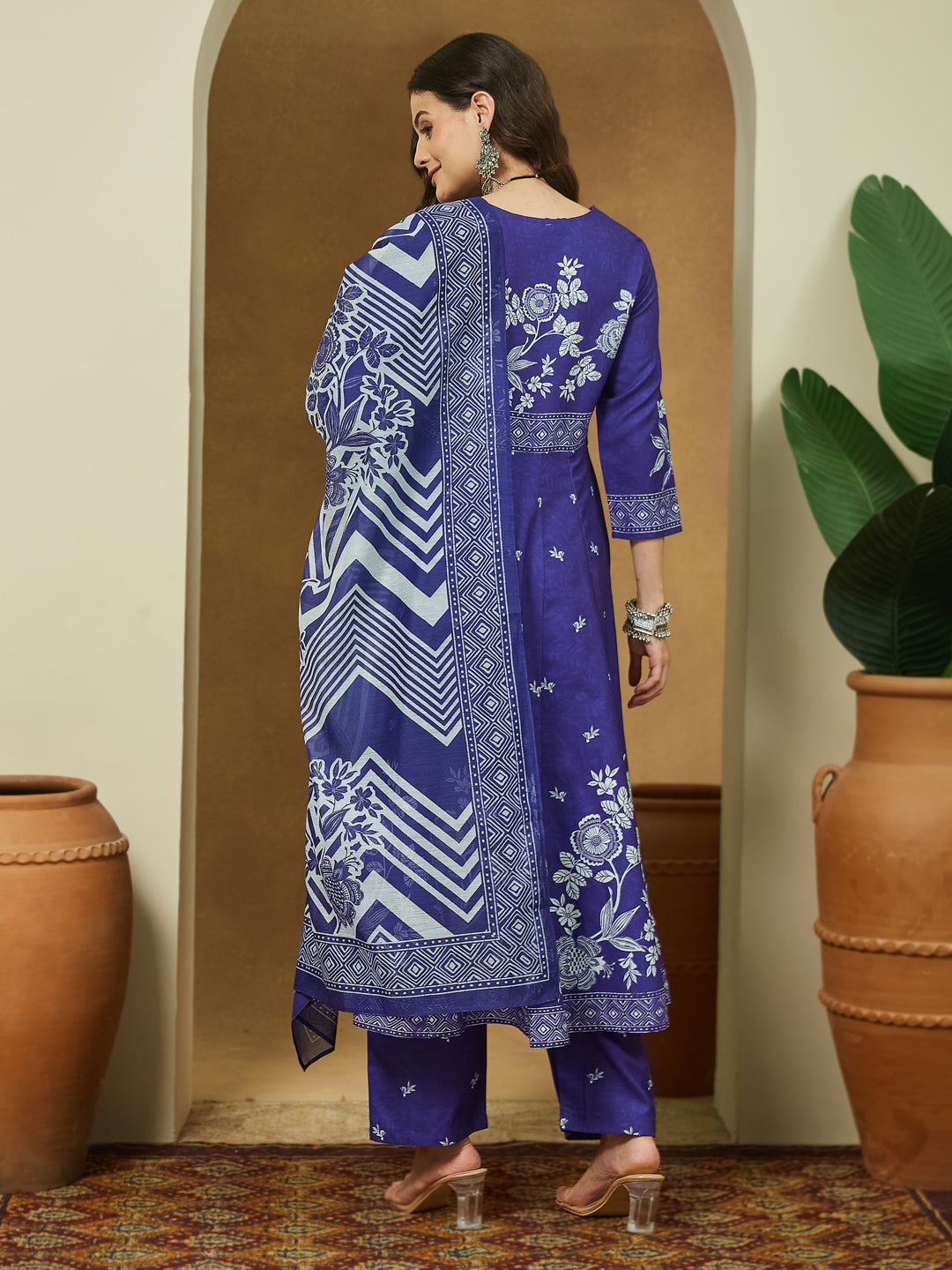 Women's Purple Cotton Blend Floral Printed Anarkali Kurta Set