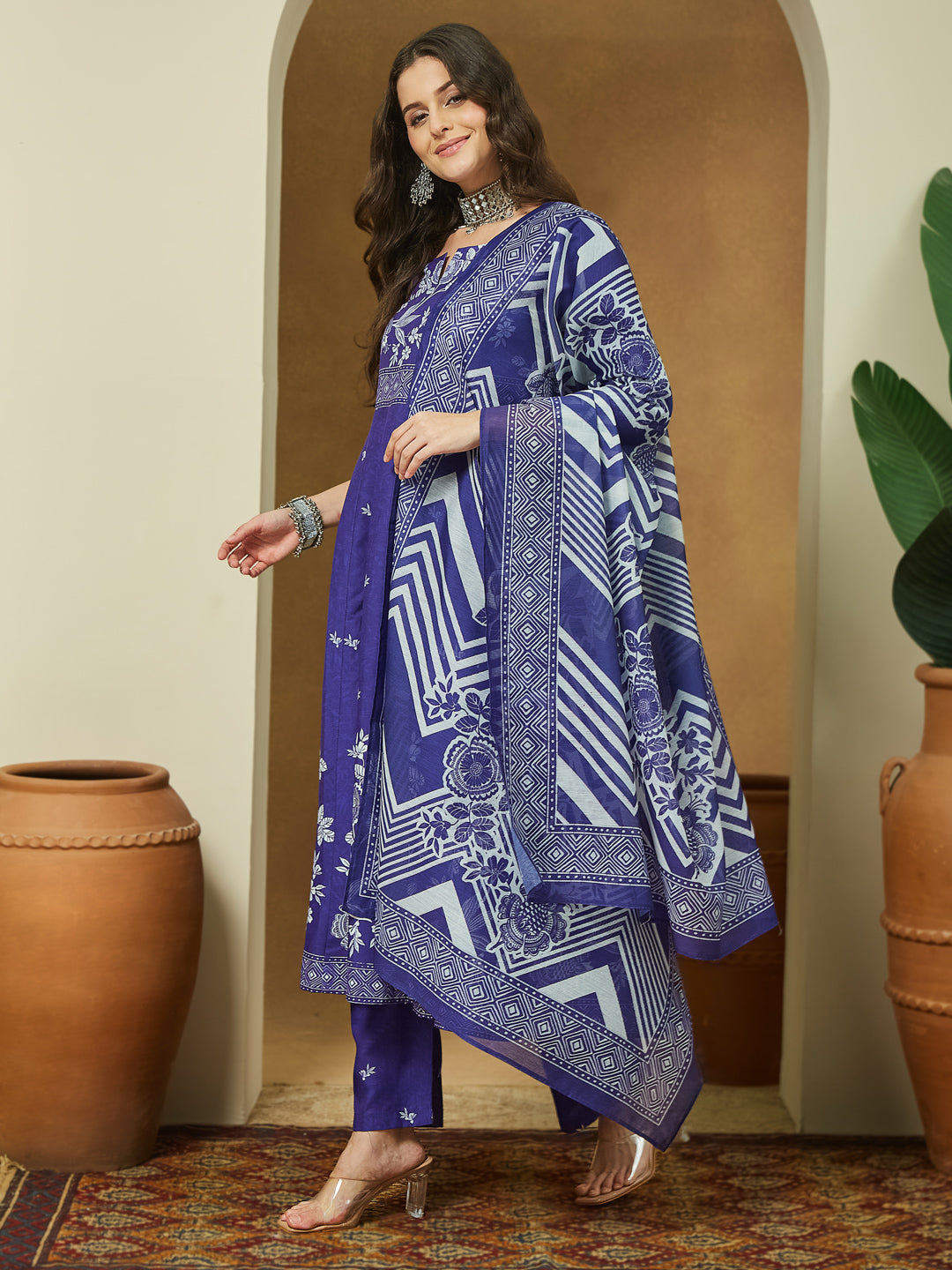 Women's Purple Cotton Blend Floral Printed Anarkali Kurta Set