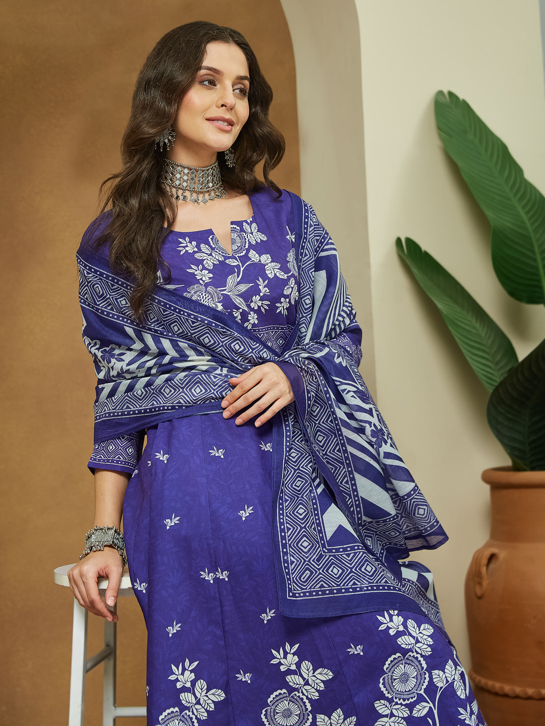 Women's Purple Cotton Blend Floral Printed Anarkali Kurta Set