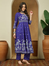 Women's Purple Cotton Blend Floral Printed Anarkali Kurta Set