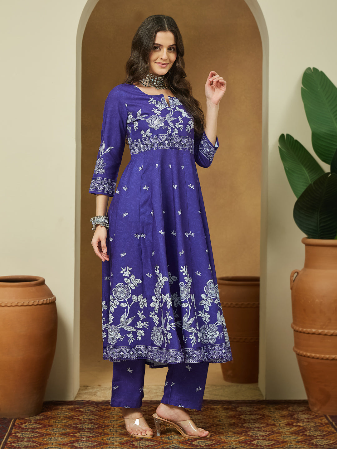 Women's Purple Cotton Blend Floral Printed Anarkali Kurta Set