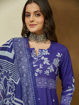 Women's Purple Cotton Blend Floral Printed Anarkali Kurta Set