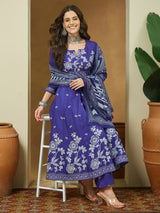 Women's Purple Cotton Blend Floral Printed Anarkali Kurta Set