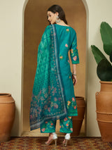 Women's Teal Blue Cotton Blend Floral Printed Straight Kurta Set