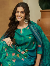 Women's Teal Blue Cotton Blend Floral Printed Straight Kurta Set