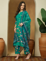 Women's Teal Blue Cotton Blend Floral Printed Straight Kurta Set