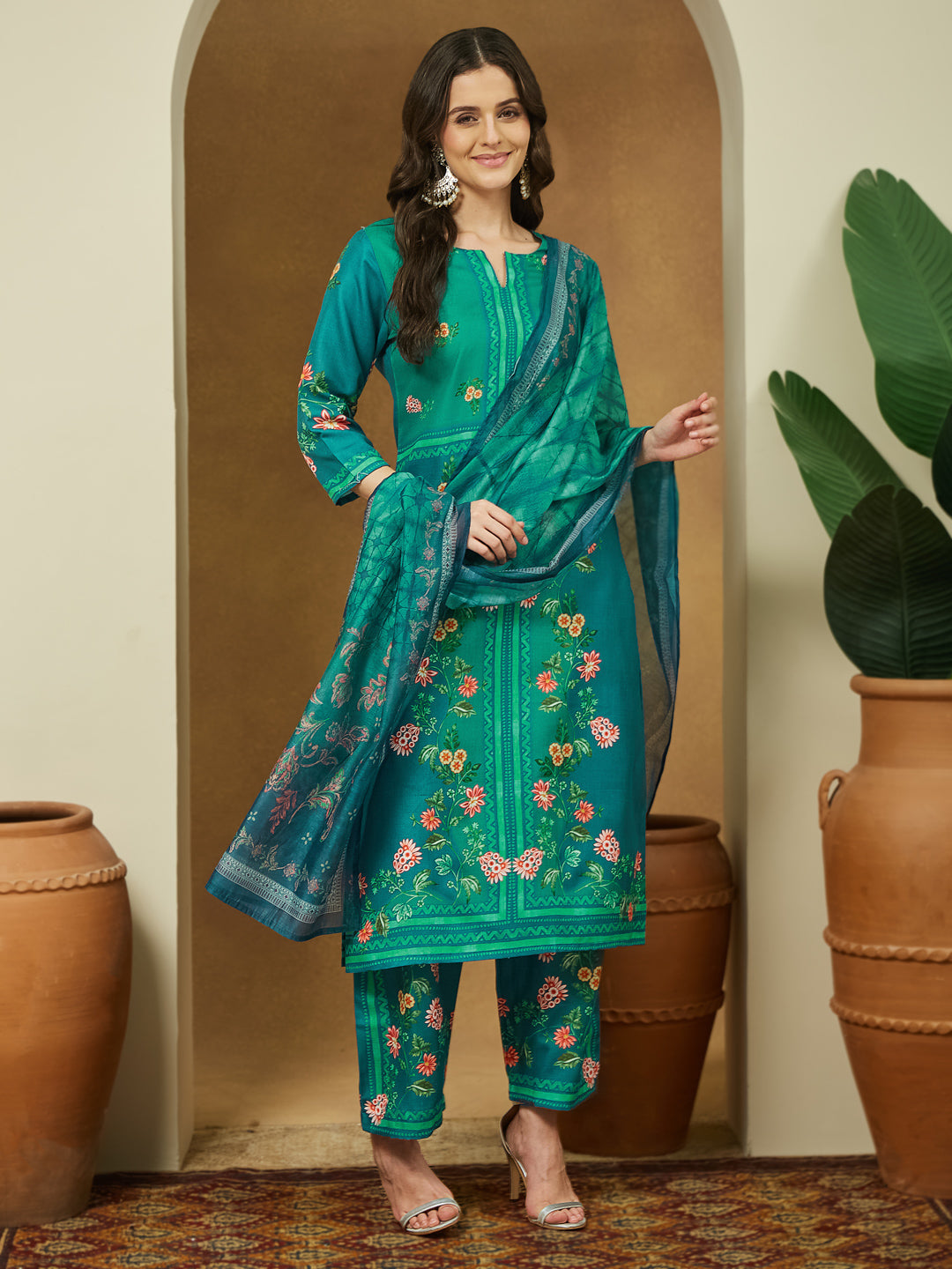 Women's Teal Blue Cotton Blend Floral Printed Straight Kurta Set