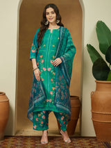 Women's Teal Blue Cotton Blend Floral Printed Straight Kurta Set