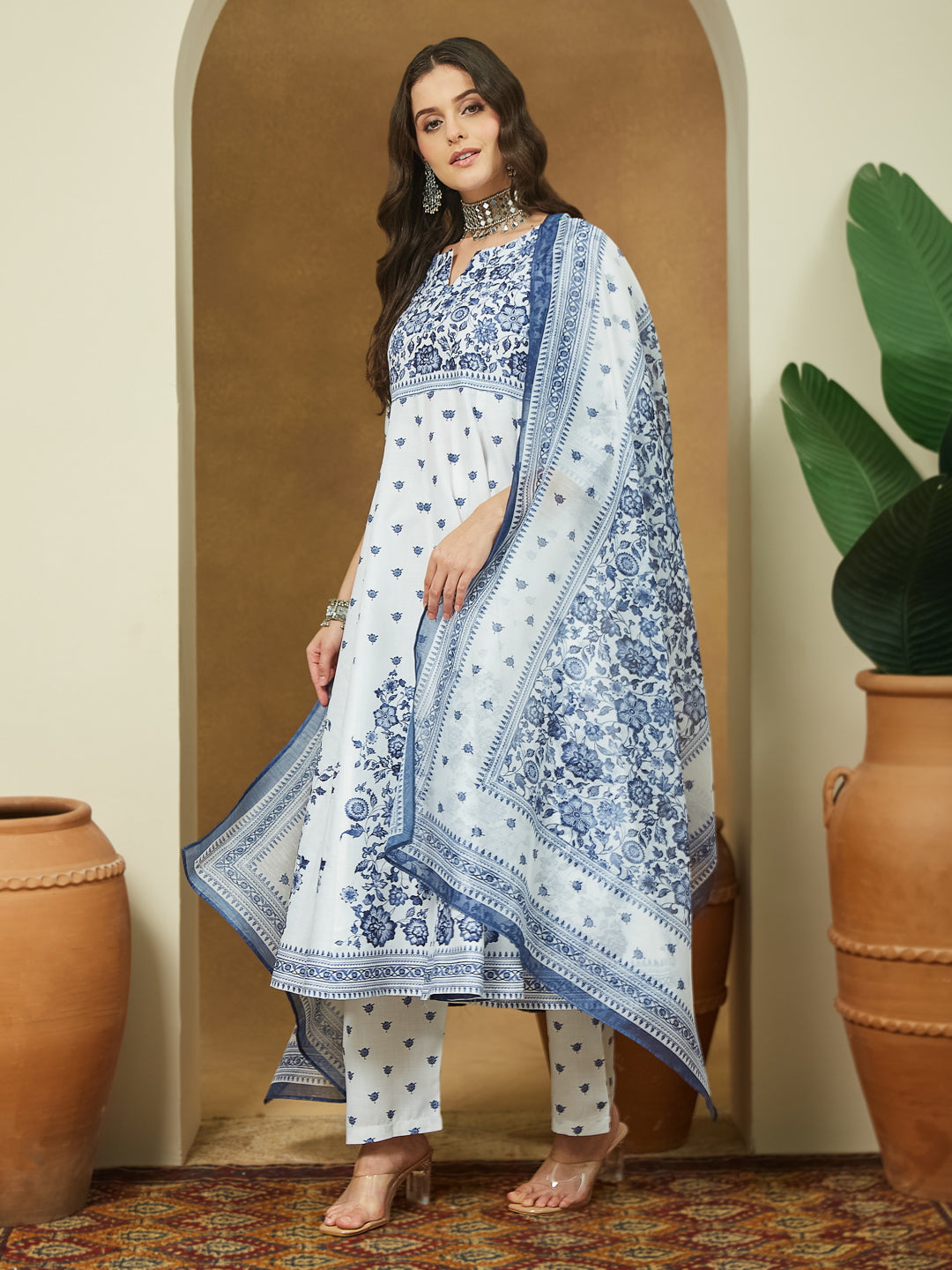 Women's White Cotton Blend Floral Printed Anarkali Kurta Set