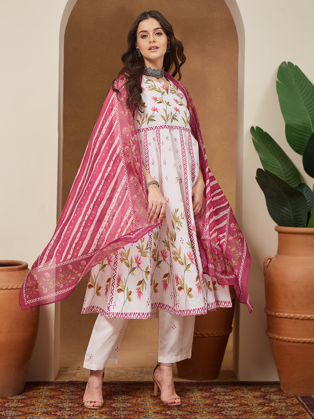 Women's Cream Cotton Blend Floral Printed Anarkali Kurta Set