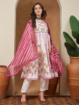 Women's Cream Cotton Blend Floral Printed Anarkali Kurta Set