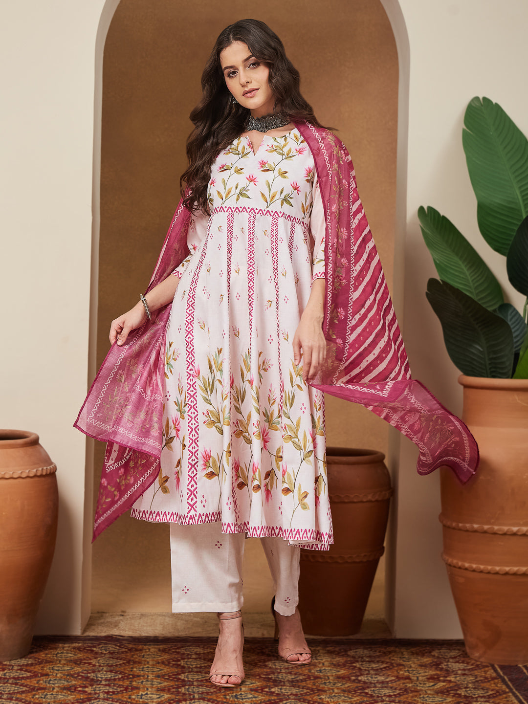 Women's Cream Cotton Blend Floral Printed Anarkali Kurta Set