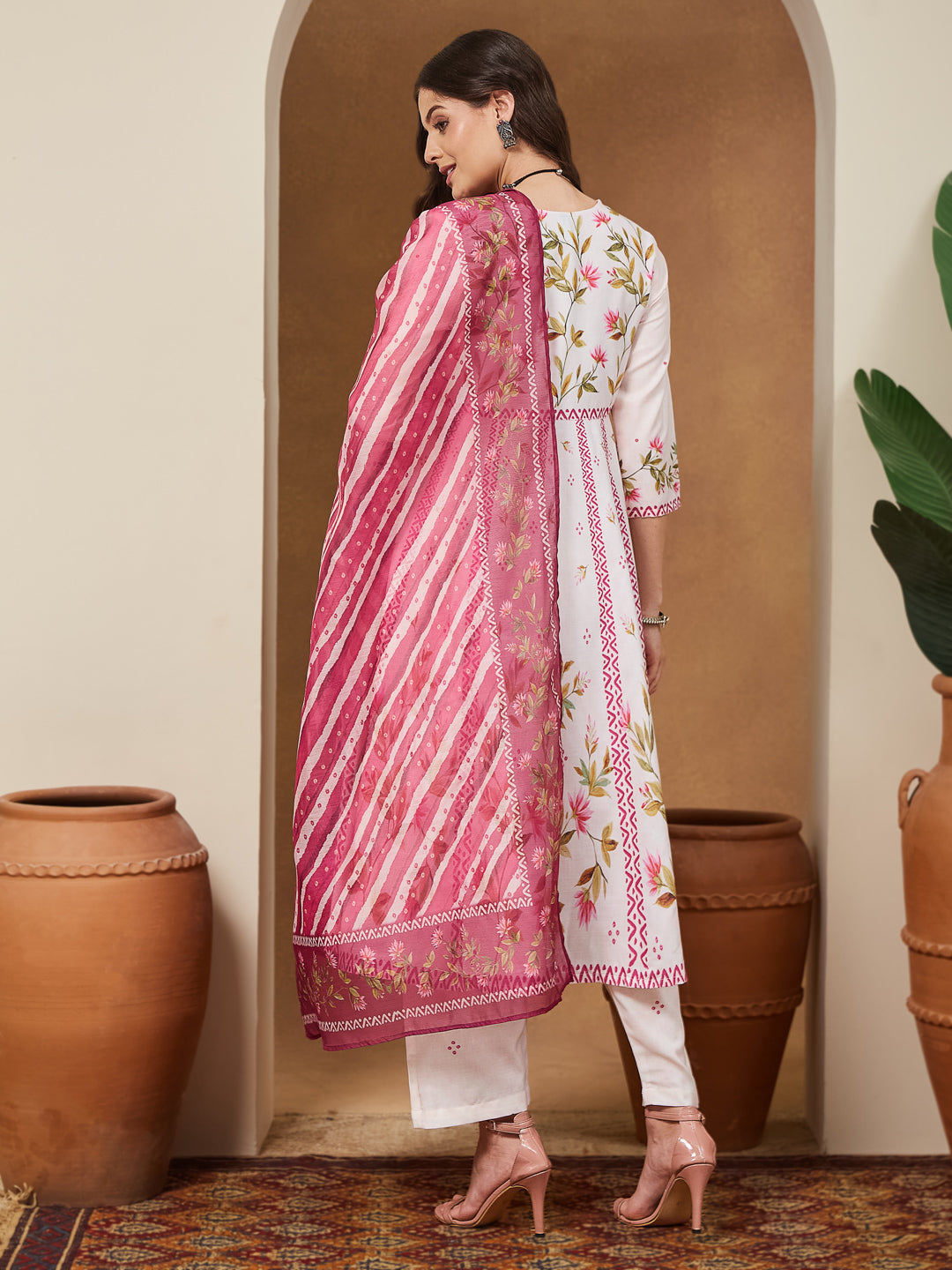 Women's Cream Cotton Blend Floral Printed Anarkali Kurta Set