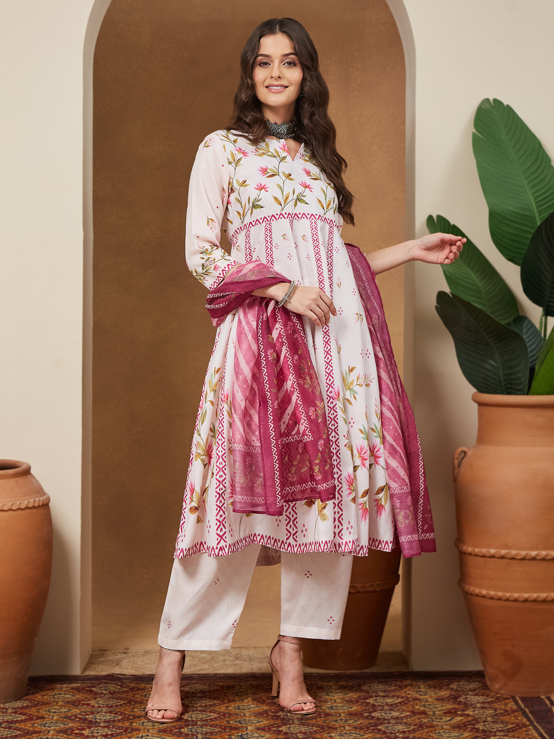 Women's Cream Cotton Blend Floral Printed Anarkali Kurta Set