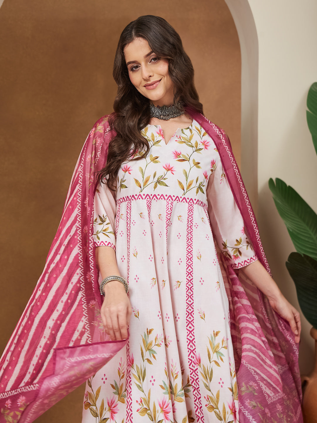 Women's Cream Cotton Blend Floral Printed Anarkali Kurta Set