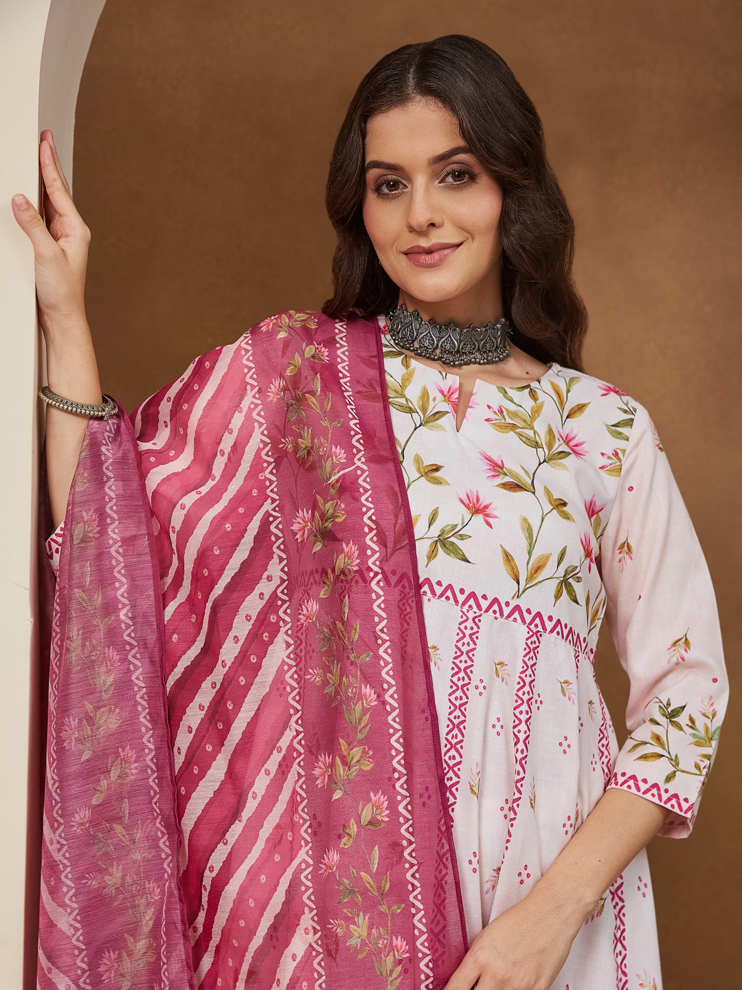 Women's Cream Cotton Blend Floral Printed Anarkali Kurta Set