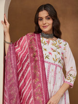 Women's Cream Cotton Blend Floral Printed Anarkali Kurta Set