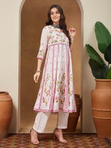 Women's Cream Cotton Blend Floral Printed Anarkali Kurta Set
