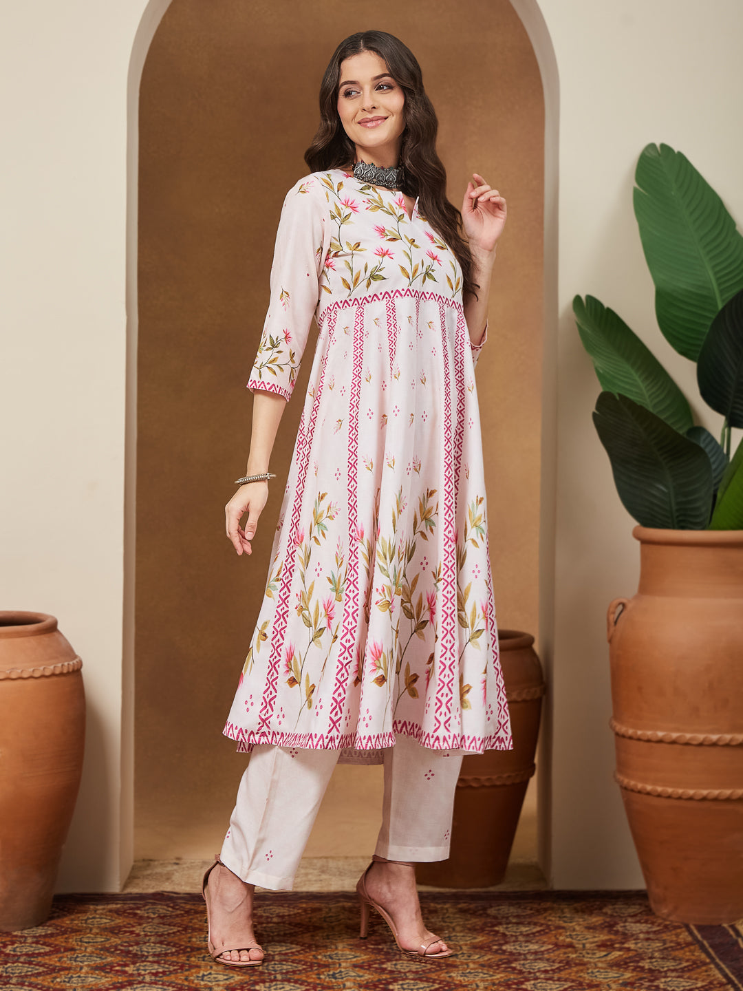 Women's Cream Cotton Blend Floral Printed Anarkali Kurta Set