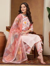 Women's Peach Cotton Blend Floral Printed Straight Kurta Set