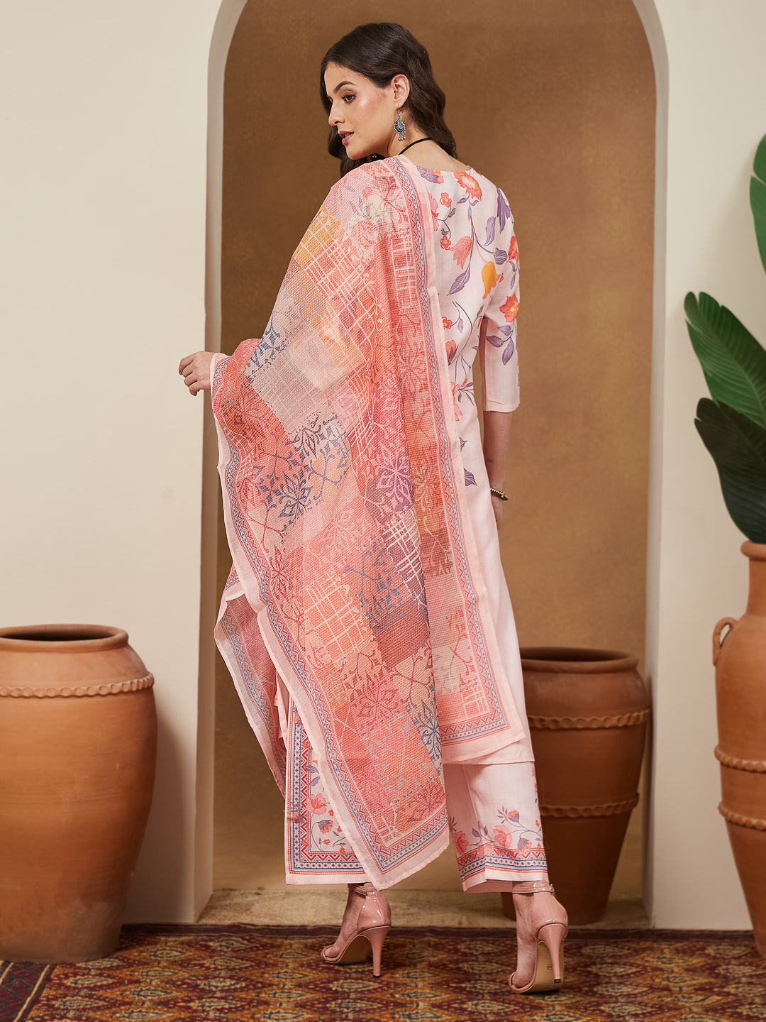Women's Peach Cotton Blend Floral Printed Straight Kurta Set