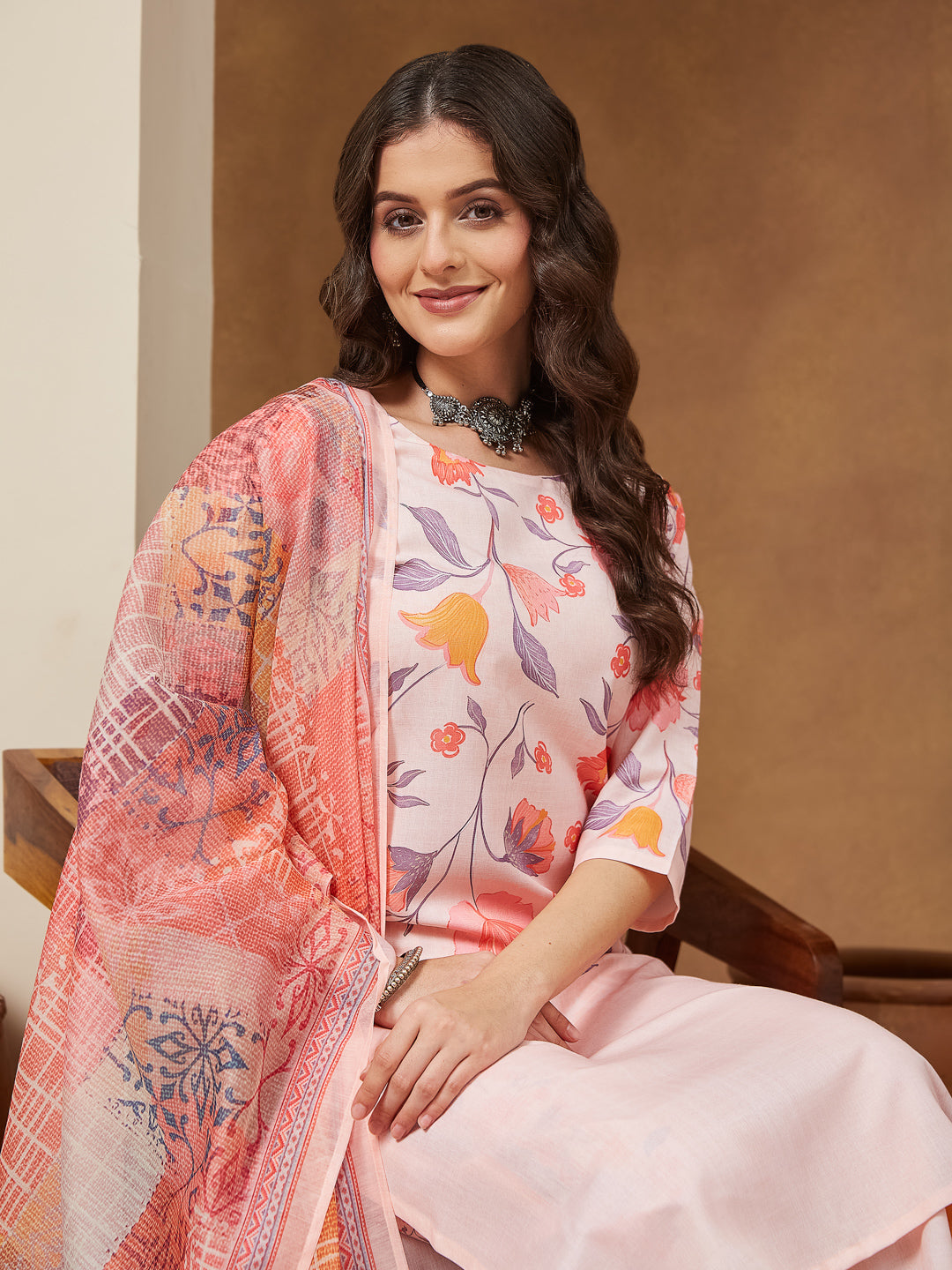Women's Peach Cotton Blend Floral Printed Straight Kurta Set
