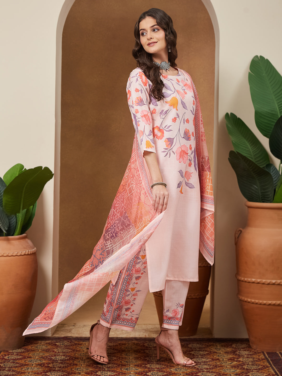 Women's Peach Cotton Blend Floral Printed Straight Kurta Set