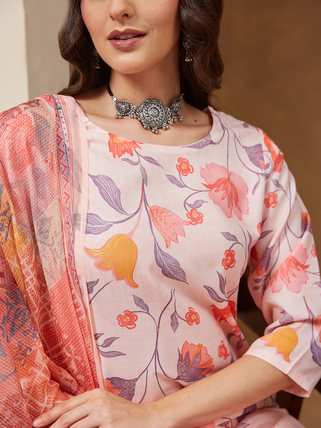 Women's Peach Cotton Blend Floral Printed Straight Kurta Set