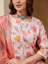 Women's Peach Cotton Blend Floral Printed Straight Kurta Set