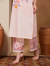 Women's Peach Cotton Blend Floral Printed Straight Kurta Set