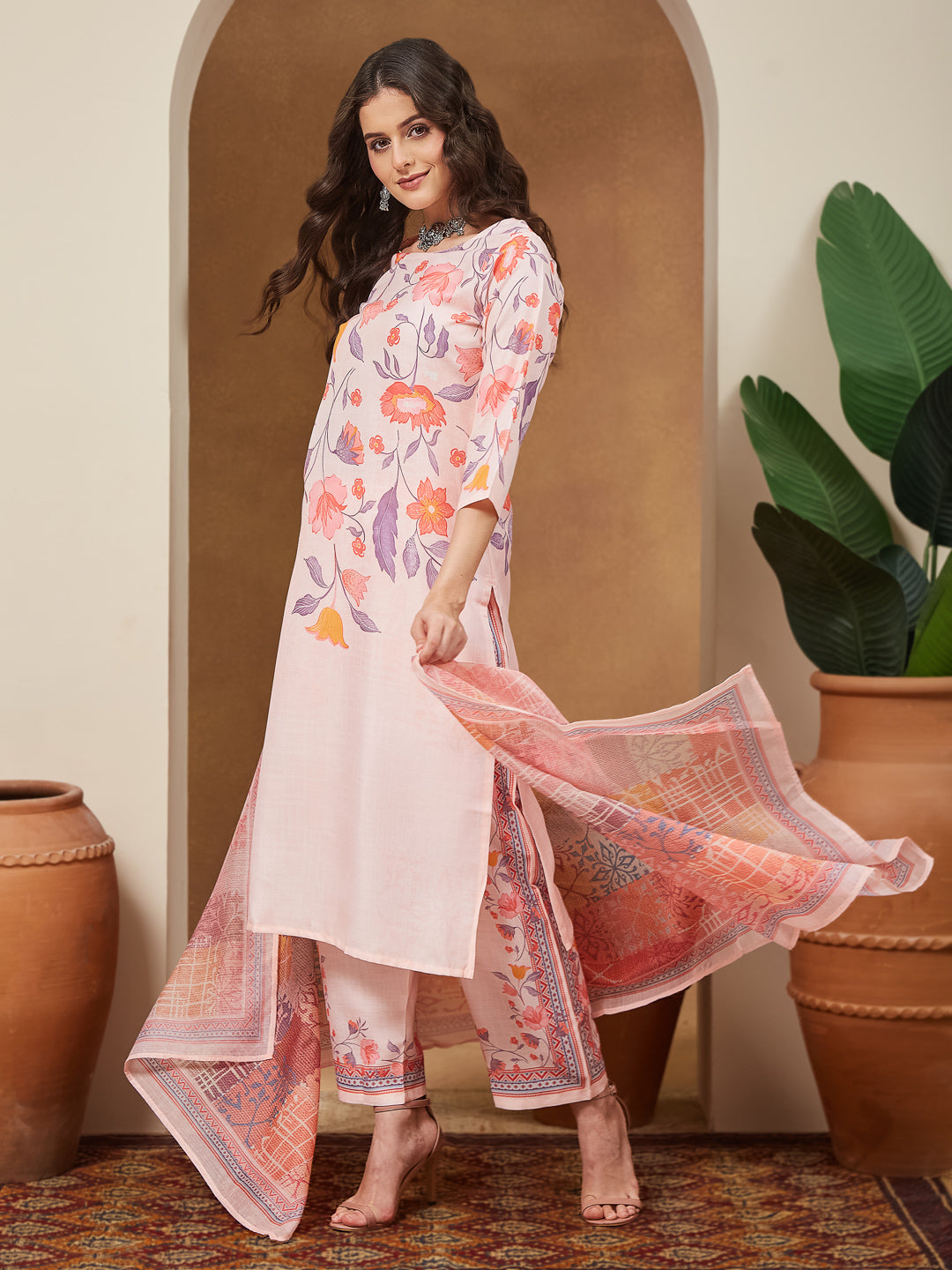 Women's Peach Cotton Blend Floral Printed Straight Kurta Set
