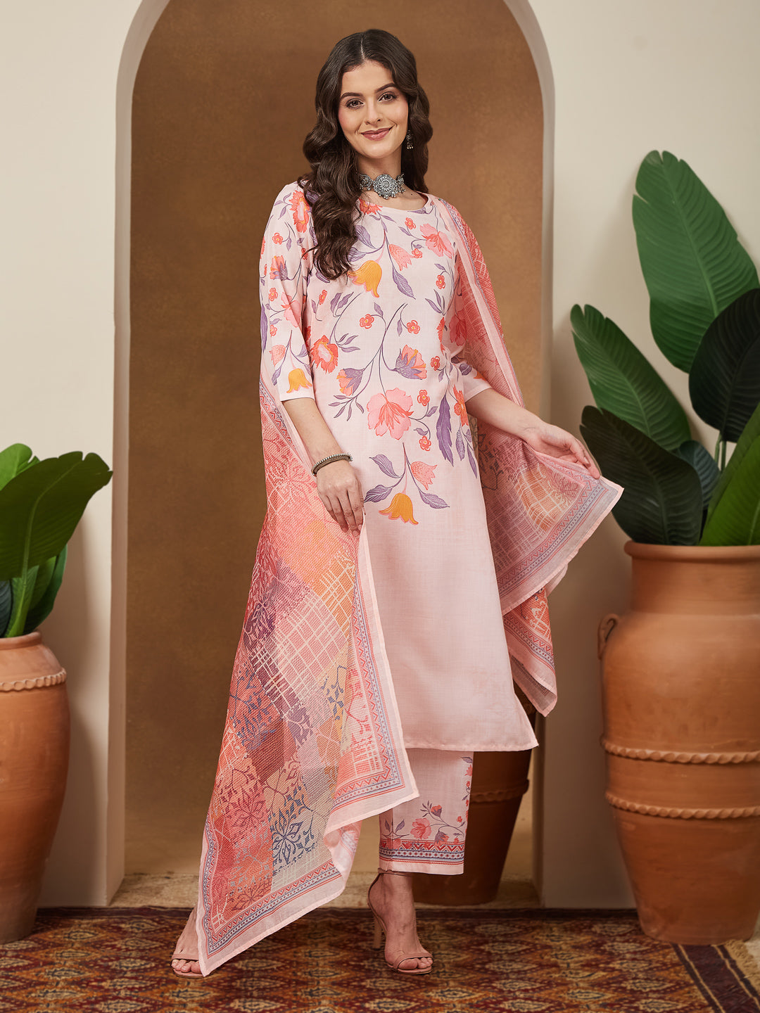 Women's Peach Cotton Blend Floral Printed Straight Kurta Set