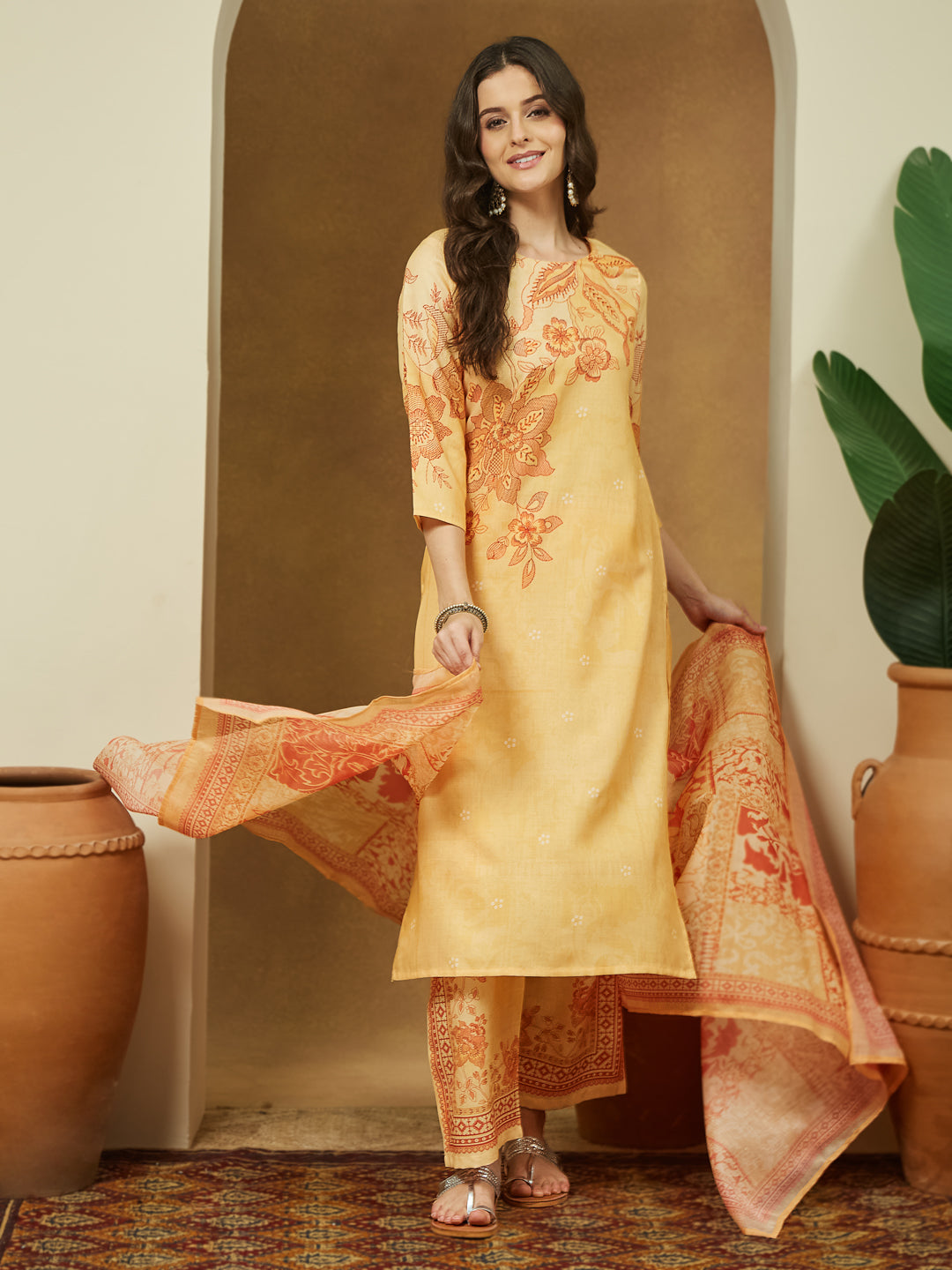 Women's Yellow Cotton Blend Floral Printed Straight Kurta Set