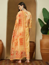 Women's Yellow Cotton Blend Floral Printed Straight Kurta Set