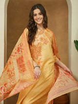 Women's Yellow Cotton Blend Floral Printed Straight Kurta Set