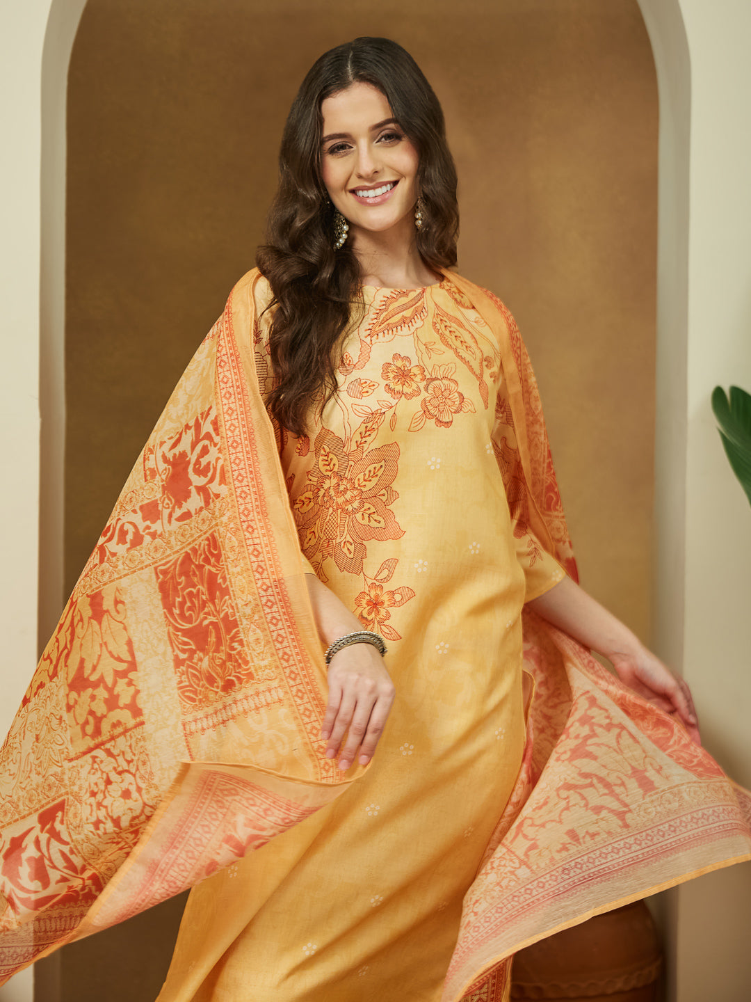 Women's Yellow Cotton Blend Floral Printed Straight Kurta Set