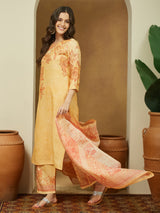 Women's Yellow Cotton Blend Floral Printed Straight Kurta Set