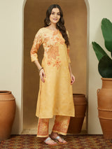 Women's Yellow Cotton Blend Floral Printed Straight Kurta Set