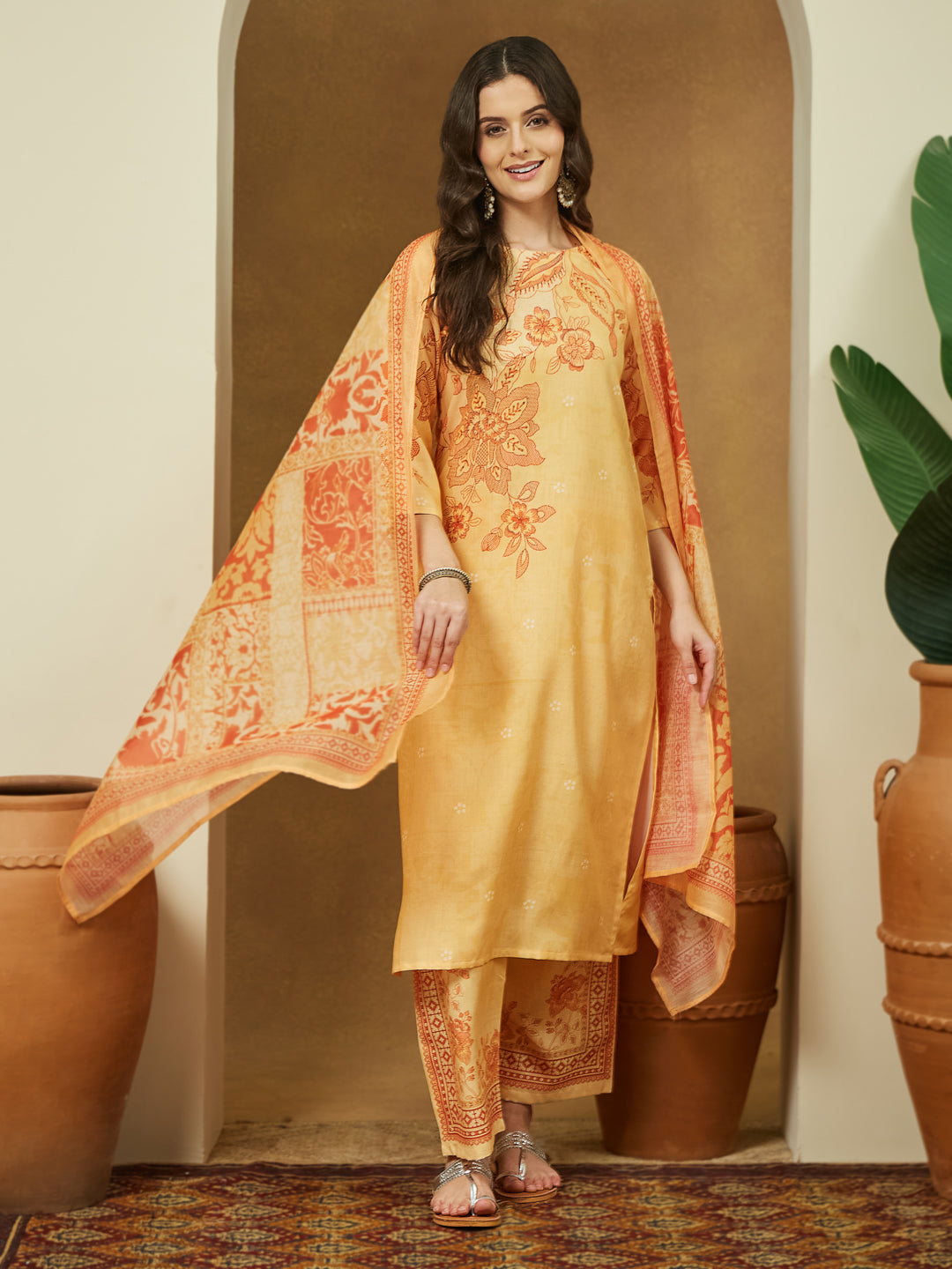 Women's Yellow Cotton Blend Floral Printed Straight Kurta Set