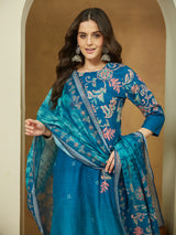 Women's Teal Blue Cotton Blend Floral Printed Straight Kurta Set