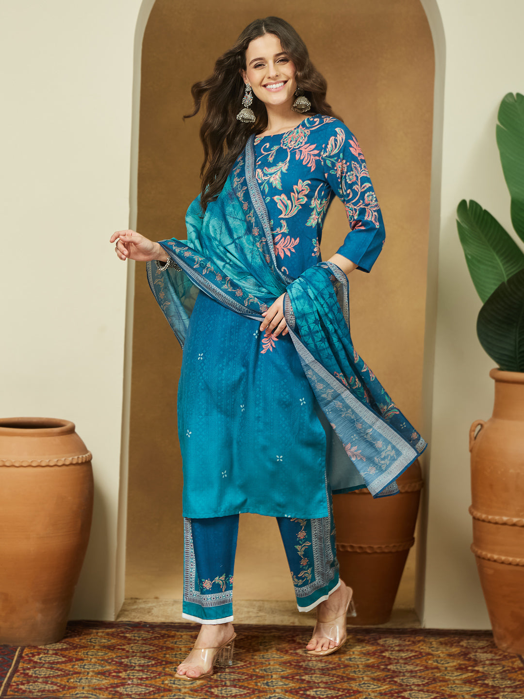 Women's Teal Blue Cotton Blend Floral Printed Straight Kurta Set