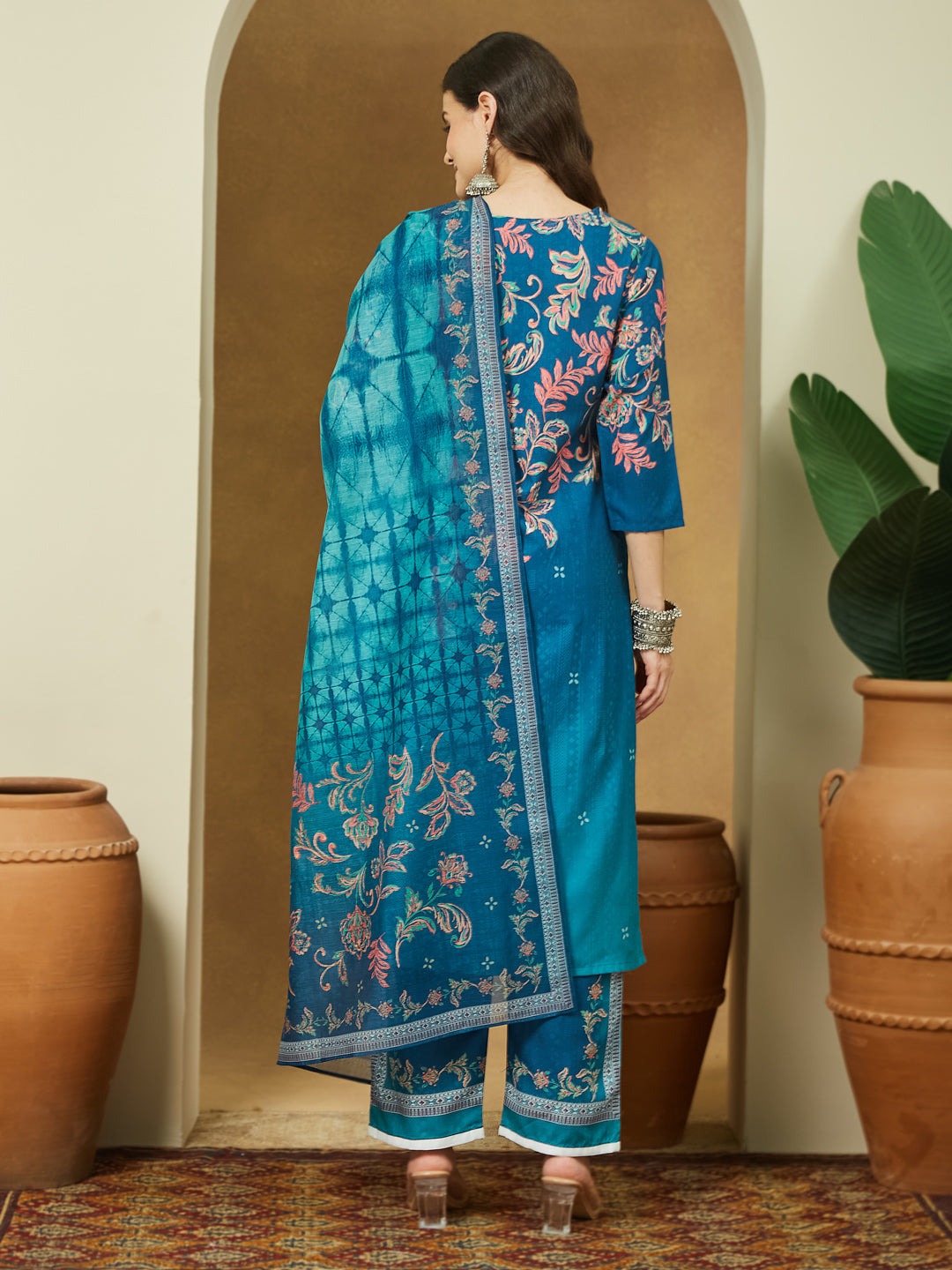 Women's Teal Blue Cotton Blend Floral Printed Straight Kurta Set