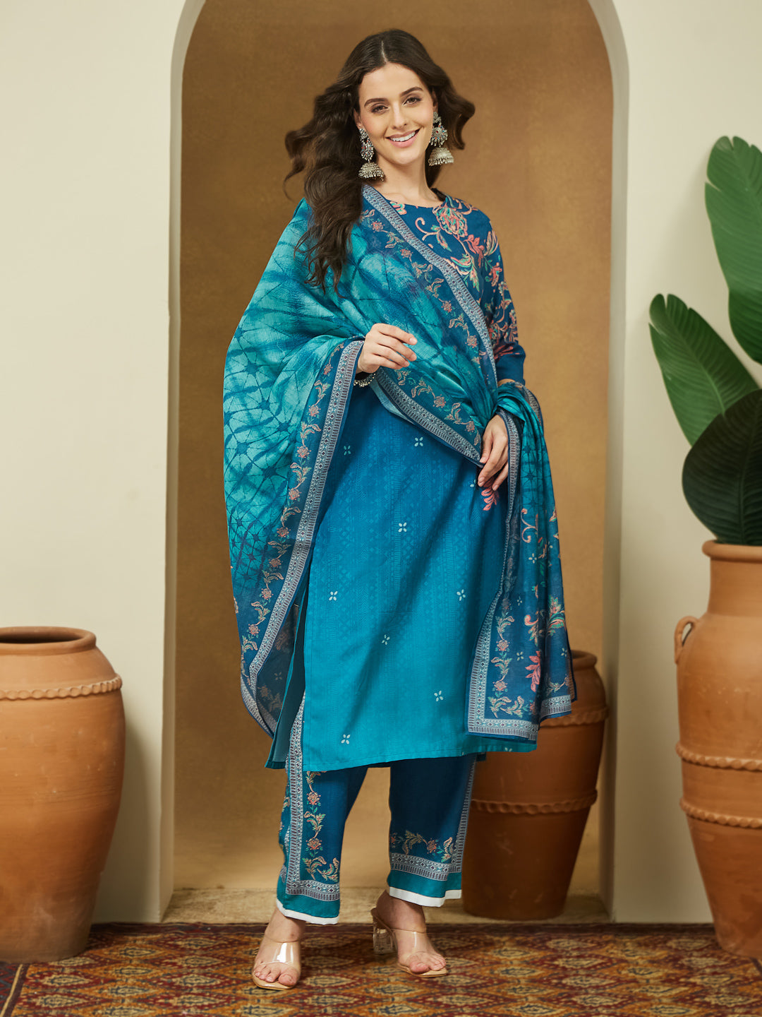 Women's Teal Blue Cotton Blend Floral Printed Straight Kurta Set