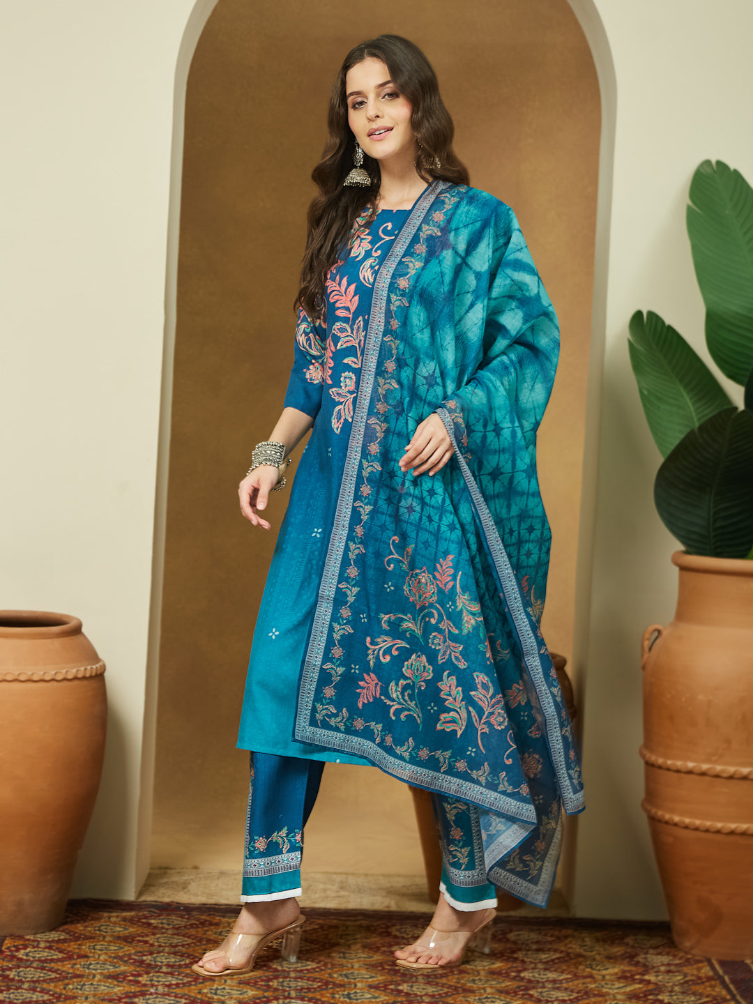 Women's Teal Blue Cotton Blend Floral Printed Straight Kurta Set