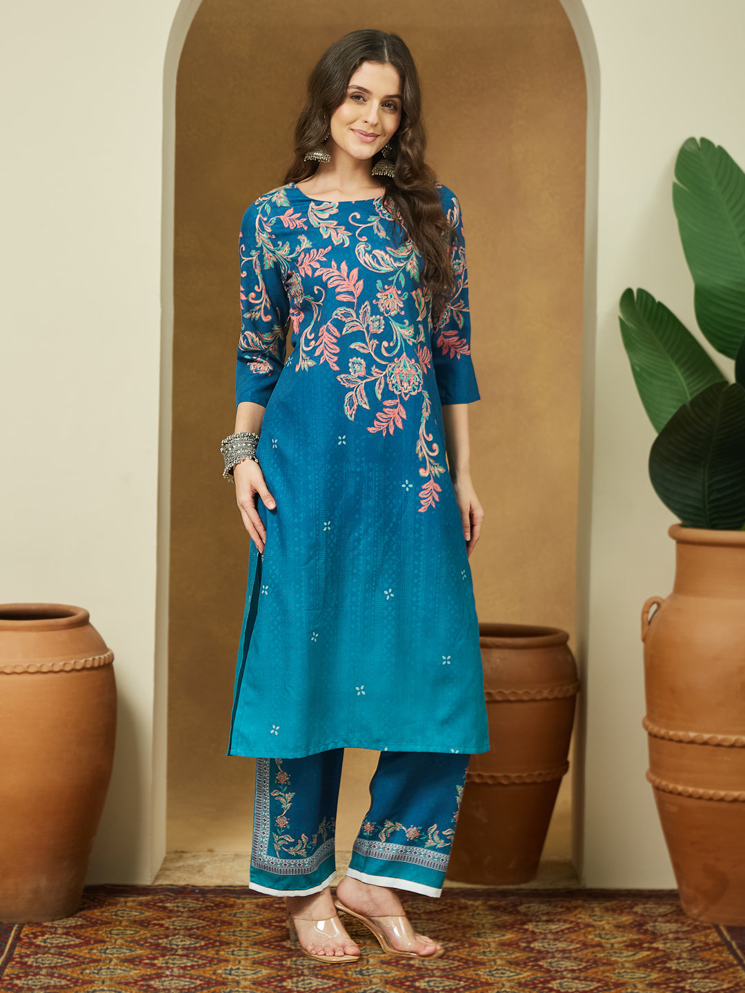 Women's Teal Blue Cotton Blend Floral Printed Straight Kurta Set